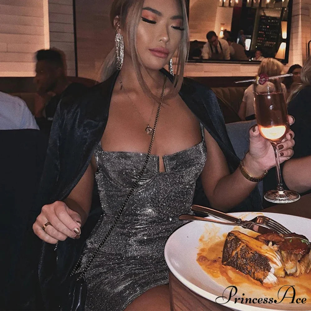 Sleeveless Evening Party Dazzling Gold Silver Sequins Dress