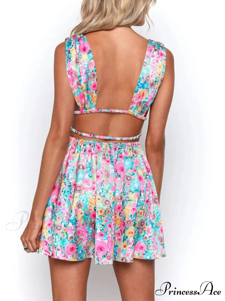 Sleeveless Floral Print Deep V Mini A-Line Flower Dress