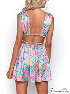 Sleeveless Floral Print Deep V Mini A-Line Flower Dress