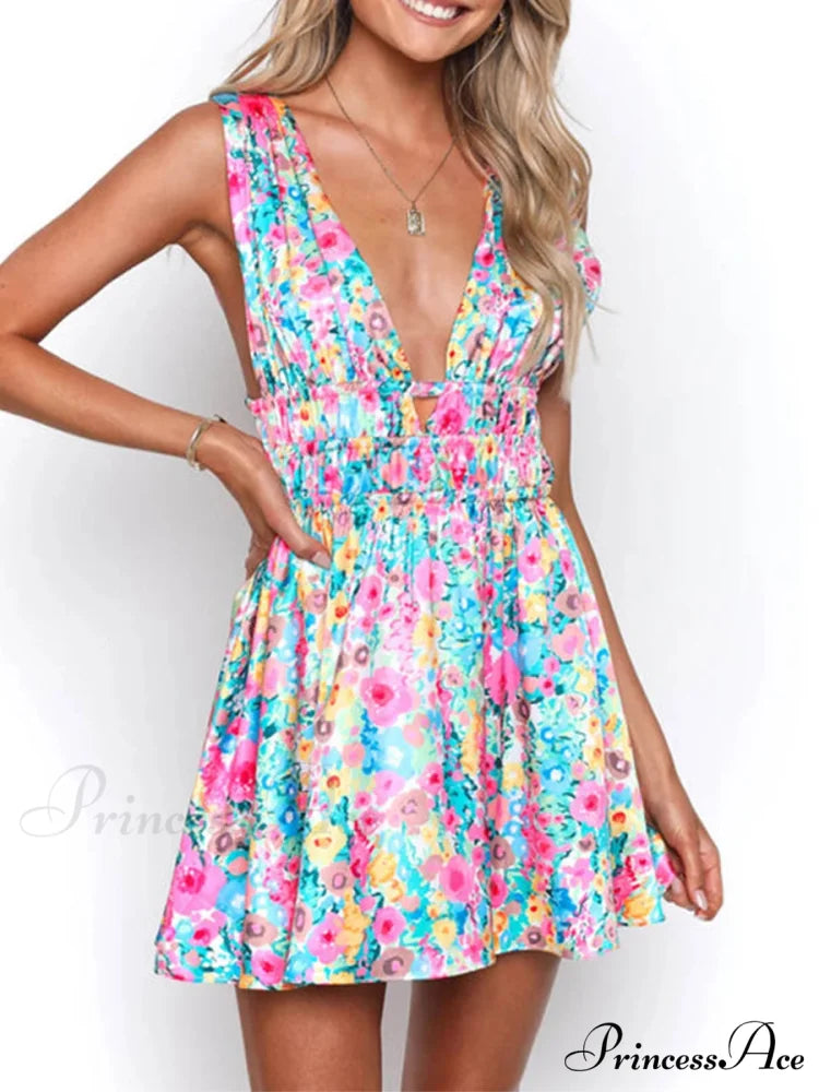 Sleeveless Floral Print Deep V Mini A-Line Flower Dress