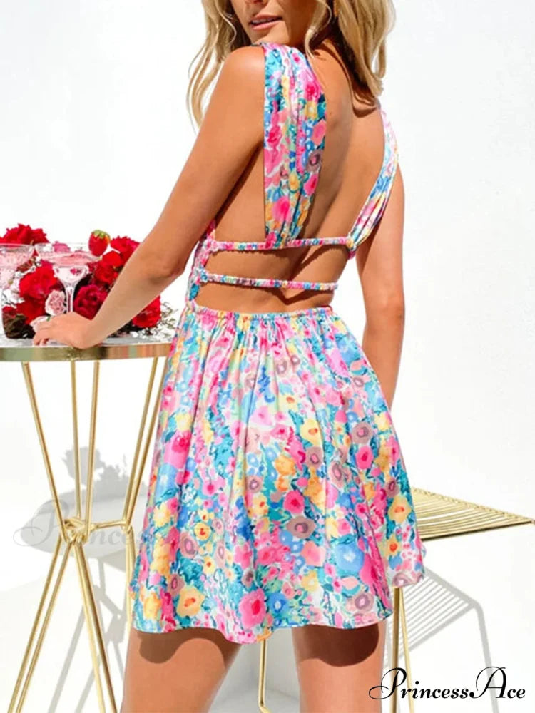 Sleeveless Floral Print Deep V Mini A-Line Flower Dress