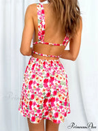 Sleeveless Floral Print Deep V Mini A-Line Flower Dress