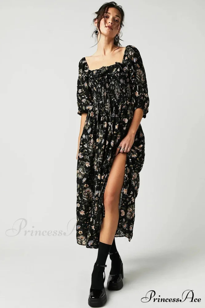 Sleeveless Flounced Hem Printed Midi Boho Dress