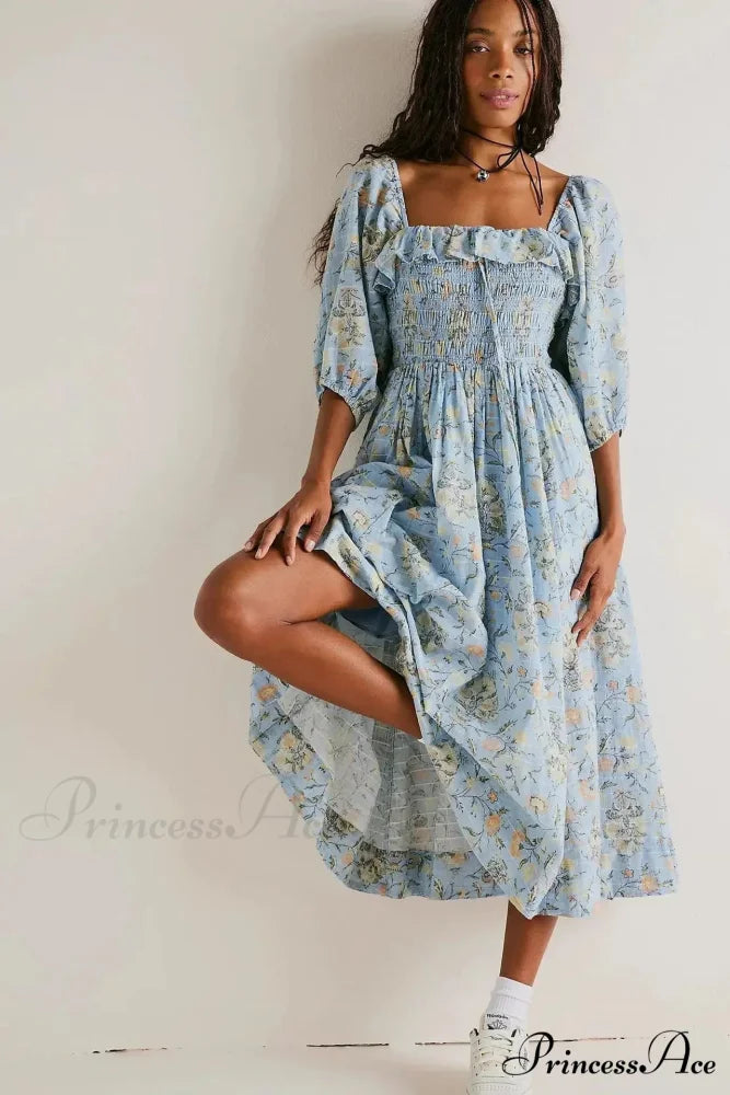 Sleeveless Flounced Hem Printed Midi Boho Dress