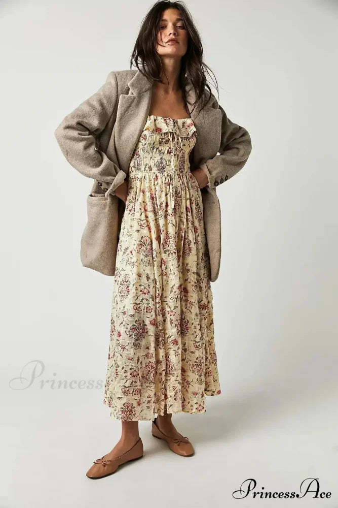 Sleeveless Flounced Hem Printed Midi Boho Dress