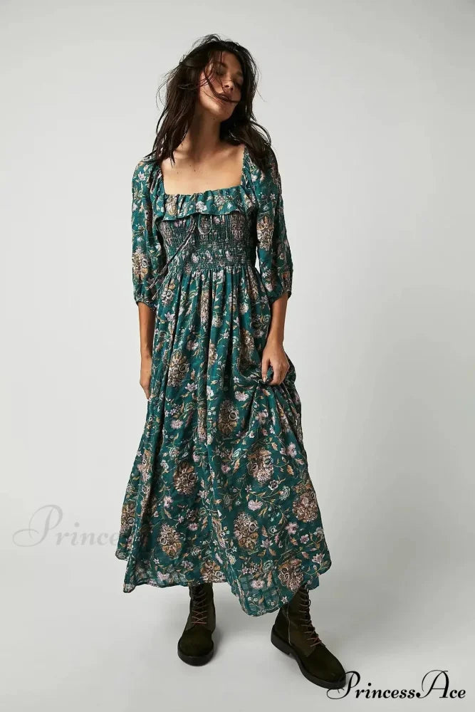 Sleeveless Flounced Hem Printed Midi Boho Dress