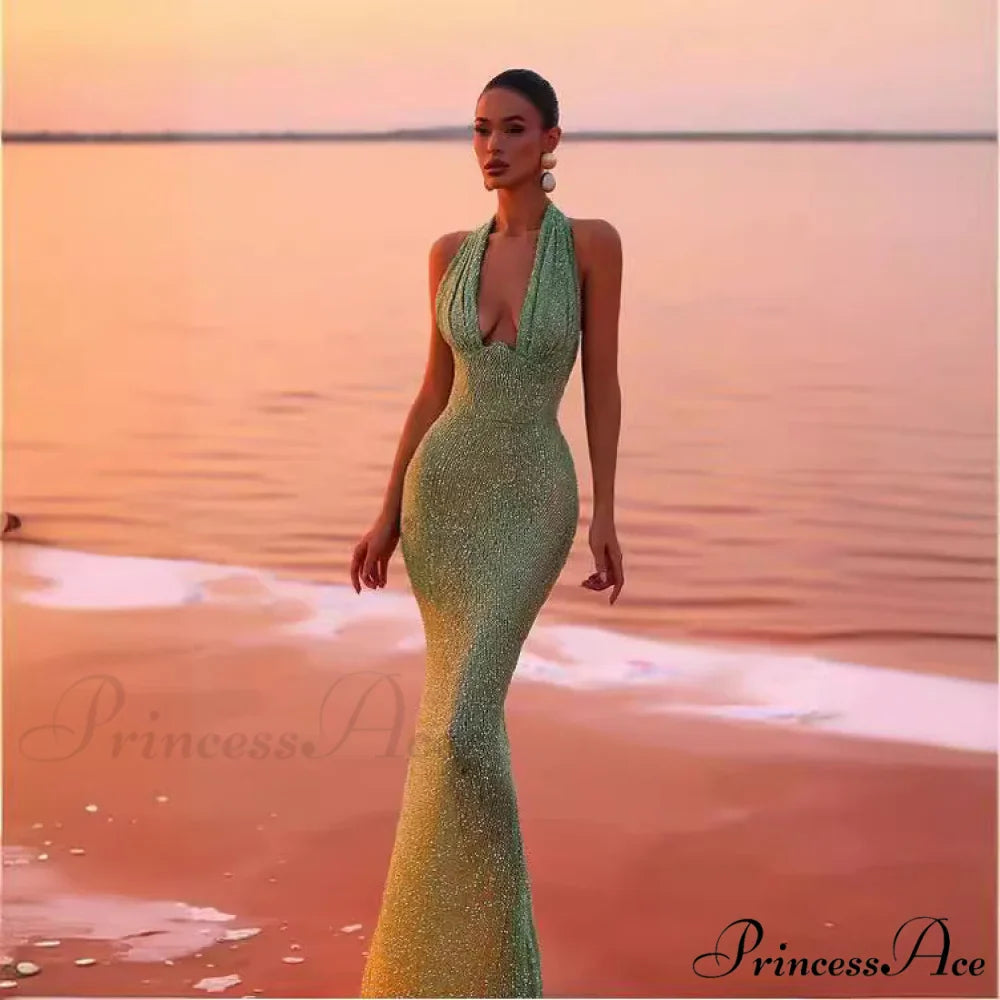 Sleeveless Halter Deep V Sparkling Prom Gown