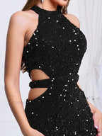 Sleeveless Hollow Out Sequined Party Dress