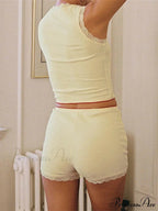 Sleeveless Lace Patchwork Tank Crop Top with Slim Shorts Pajama SetModified Title: Sleeveless Lace Patchwork Tank Crop Top with Slim Shorts Pajama Set