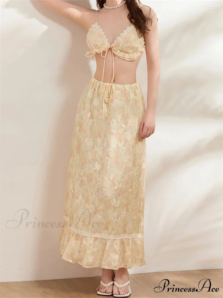 Sleeveless Lace-up Camisoles Crop Top with Maxi Skirts Set