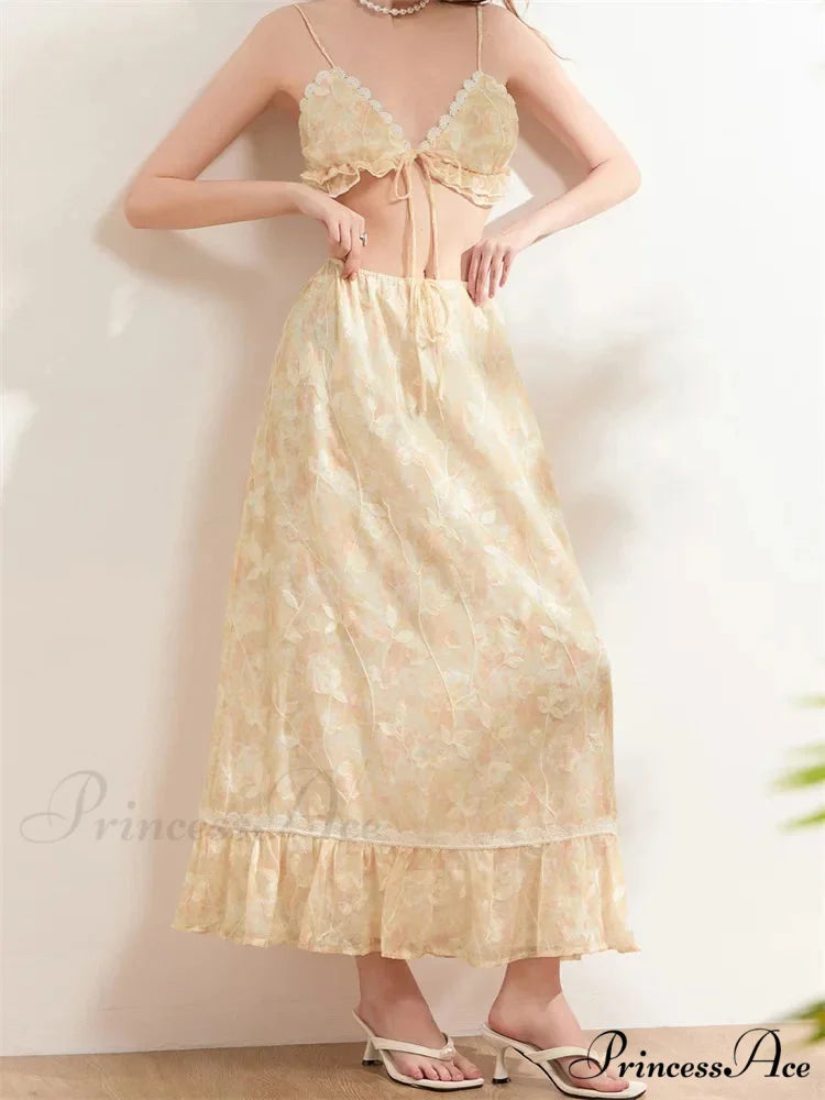 Sleeveless Lace-up Camisoles Crop Top with Maxi Skirts Set