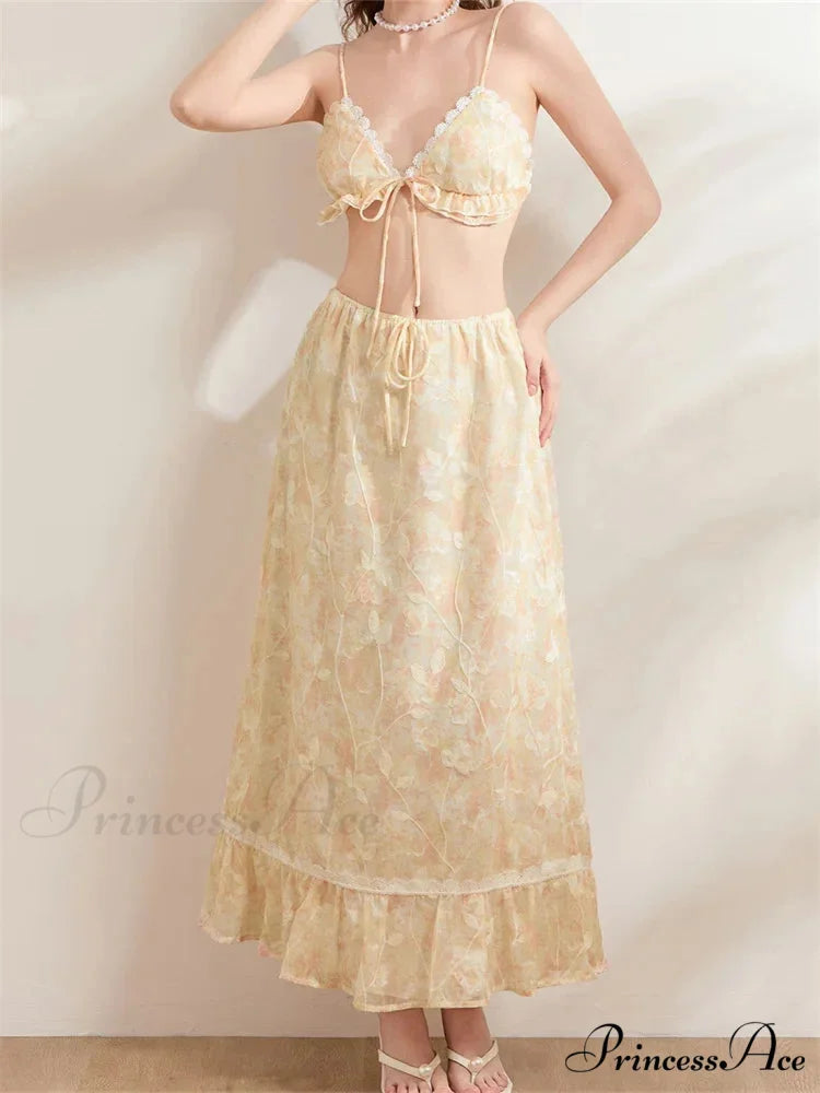 Sleeveless Lace-up Camisoles Crop Top with Maxi Skirts Set