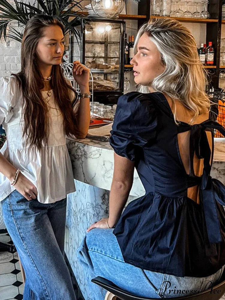 Sleeveless Lace Up Ribbon Short Sleeve Blouse