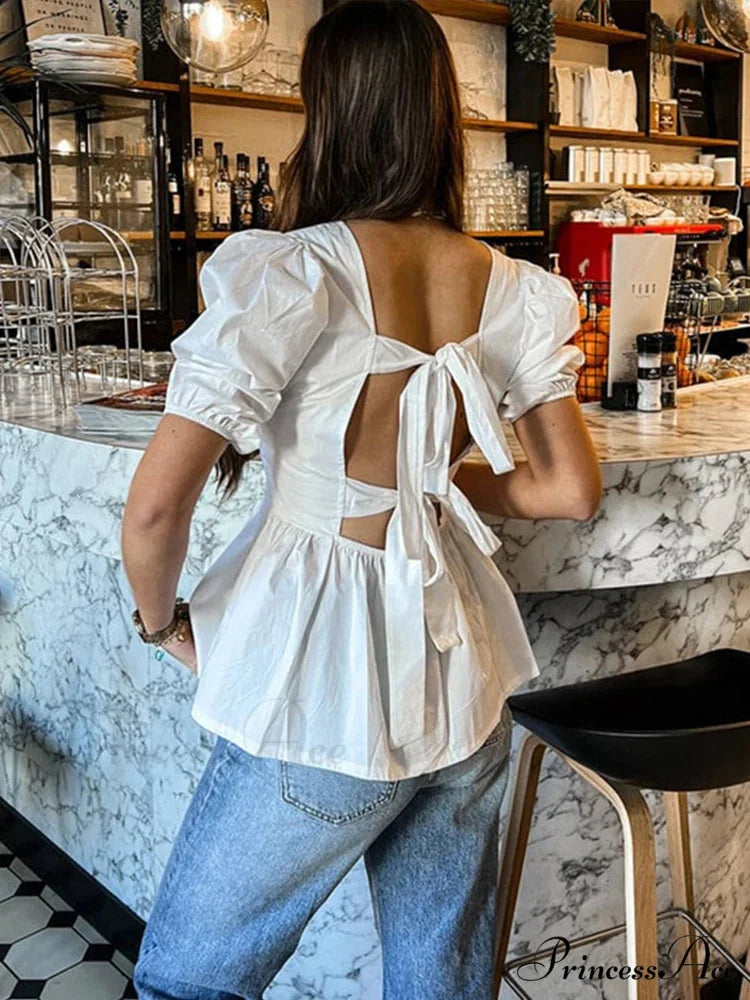 Sleeveless Lace Up Ribbon Short Sleeve Blouse