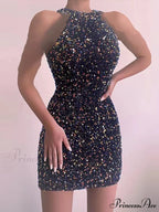 Sleeveless Off Shoulder Skinny High Waist Halter Chain Sequin Dress