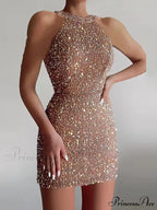 Sleeveless Off Shoulder Skinny High Waist Halter Chain Sequin Dress