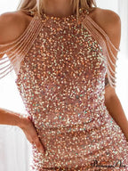 Sleeveless Off Shoulder Skinny High Waist Halter Chain Sequin Dress