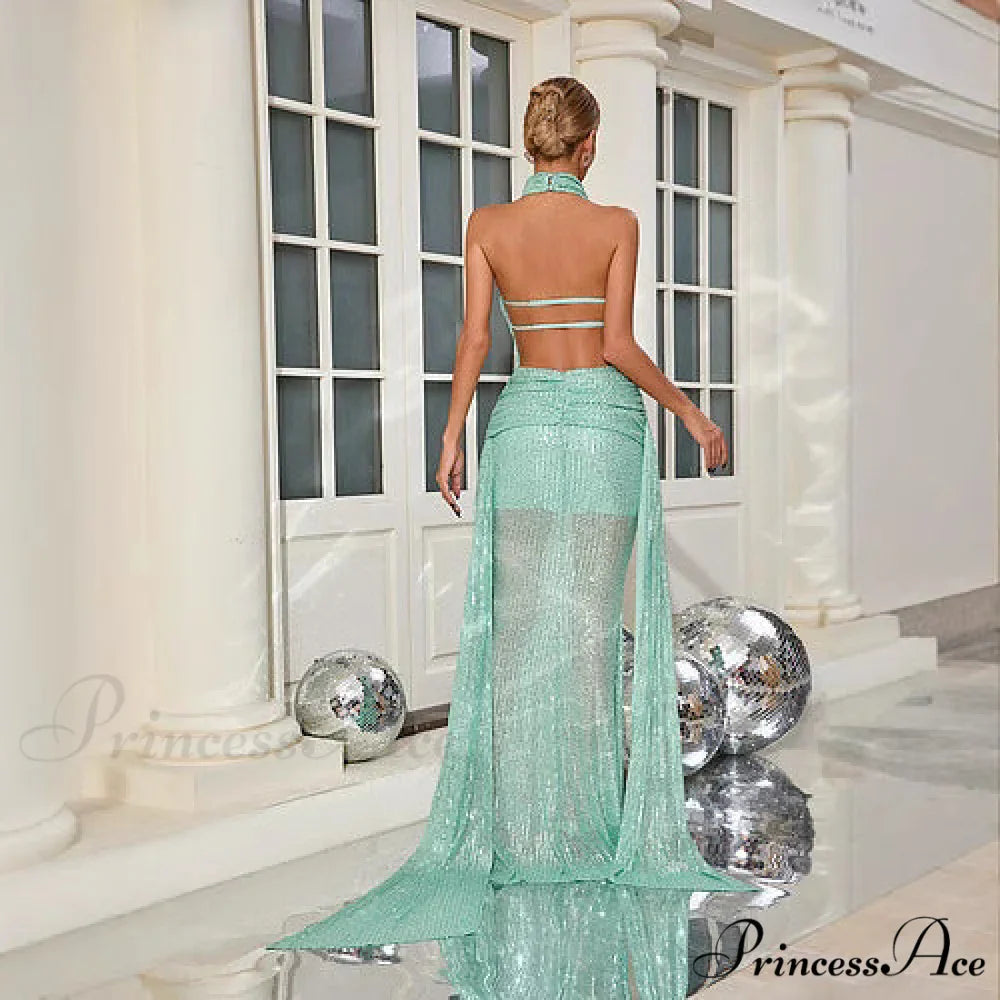 Sleeveless Open-Back Sparkling Mermaid Full-Length Prom Gown