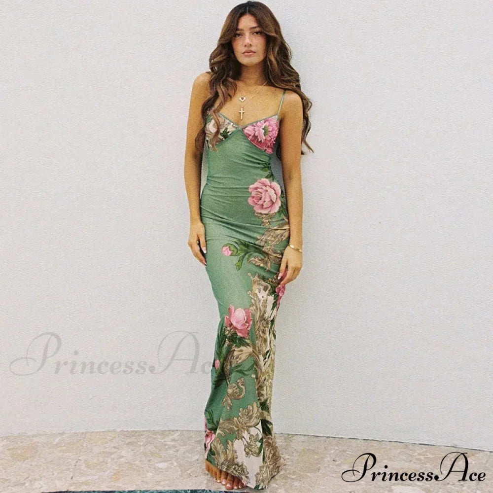 Sleeveless Print Fashion Vneck SlimLong Summer Beach Party Club Robe Floral Dress