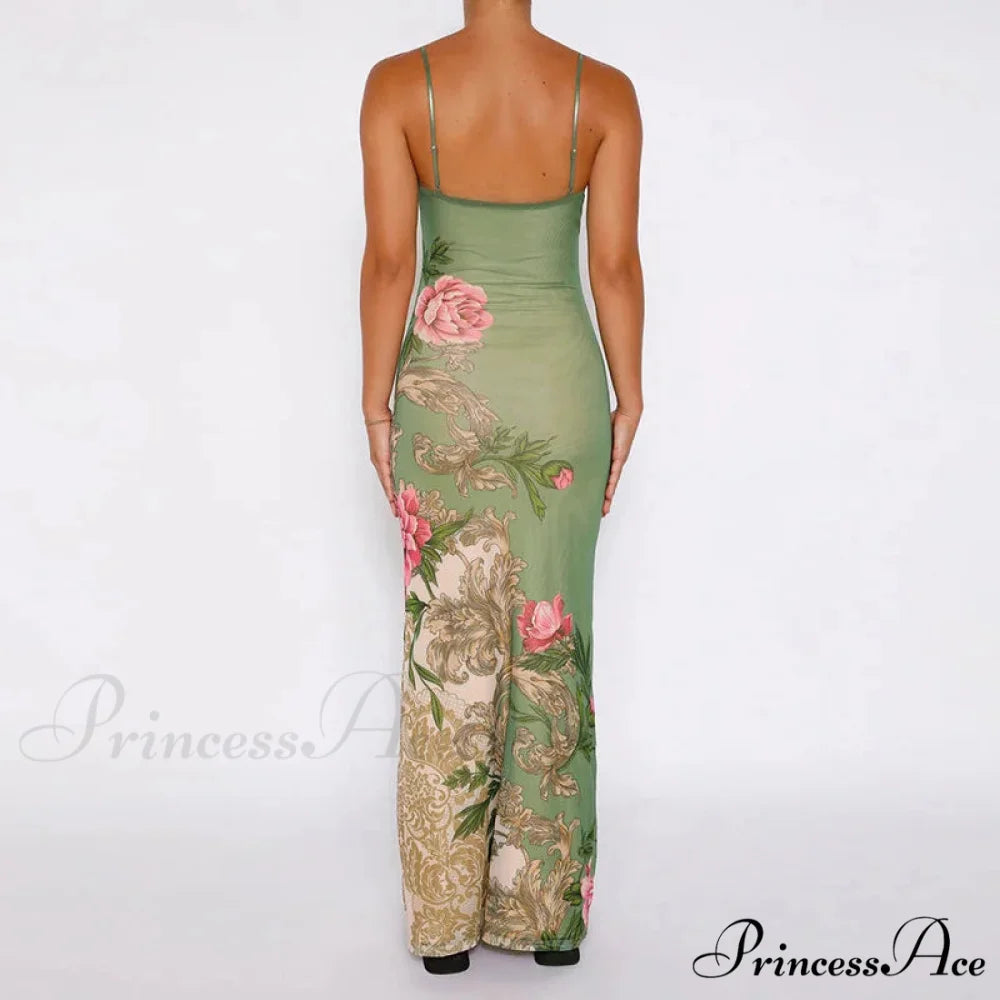 Sleeveless Print Fashion Vneck SlimLong Summer Beach Party Club Robe Floral Dress