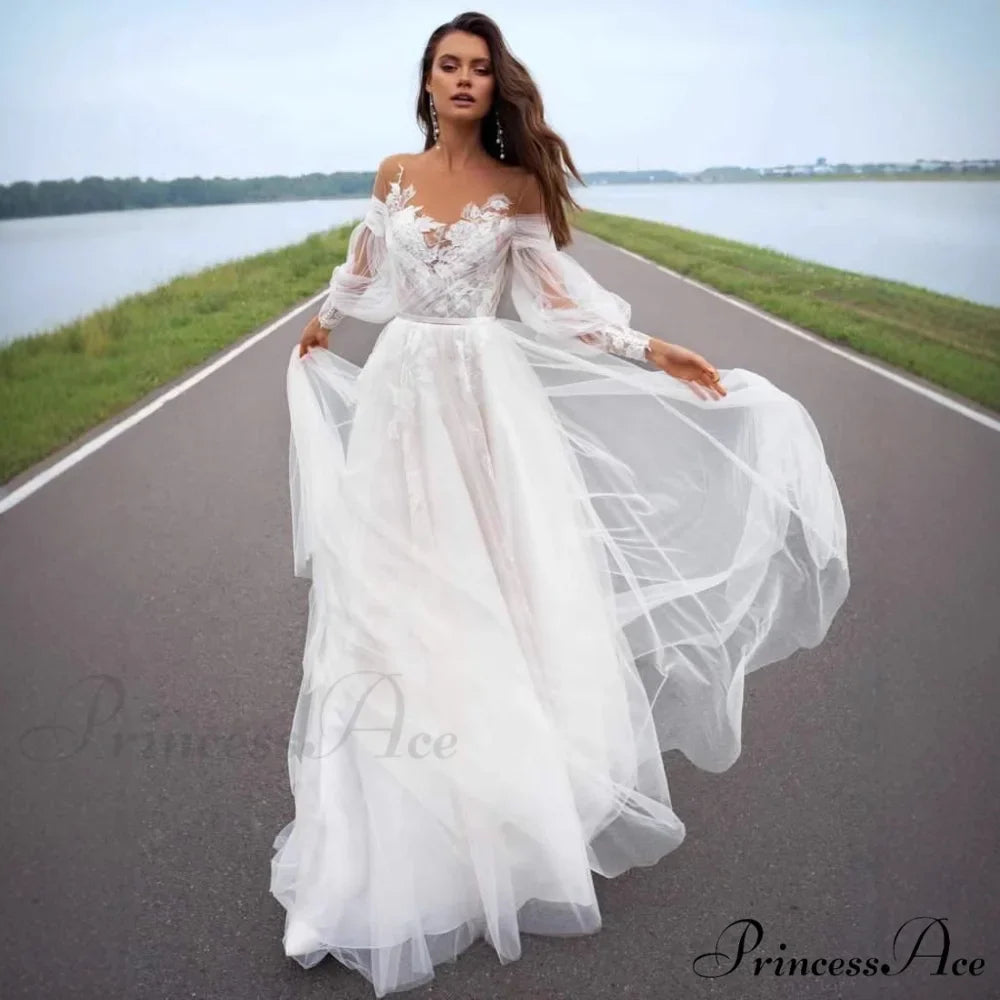 Sleeveless Puffy Sleeve Transparent Bridal Gown