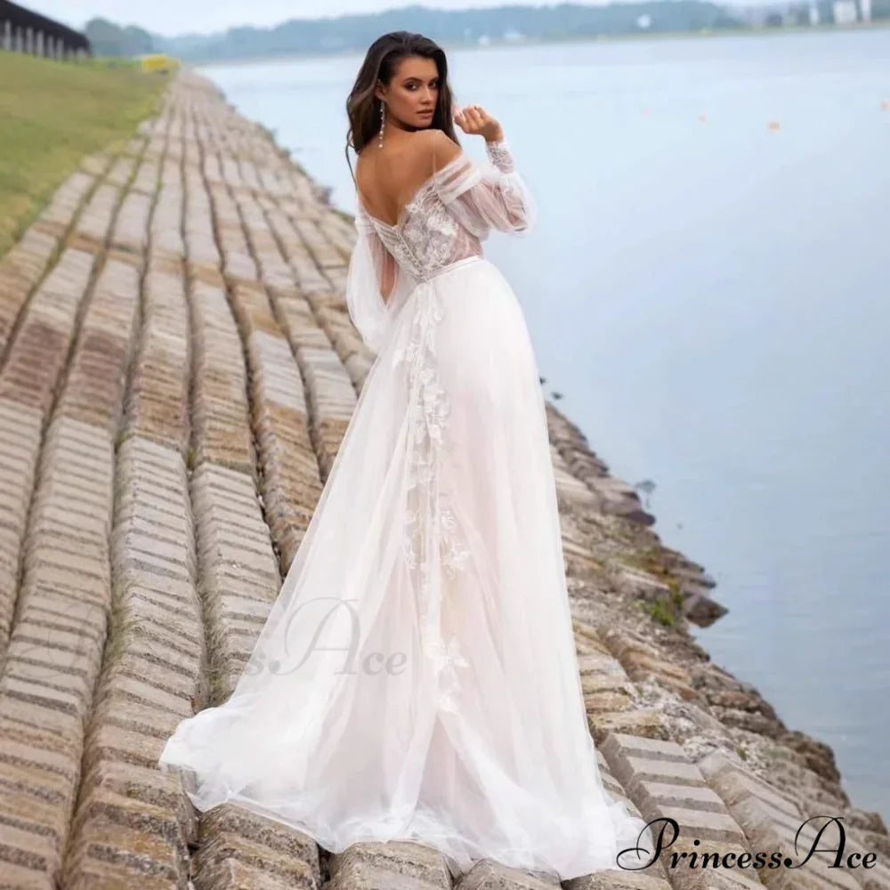 Sleeveless Puffy Sleeve Transparent Bridal Gown