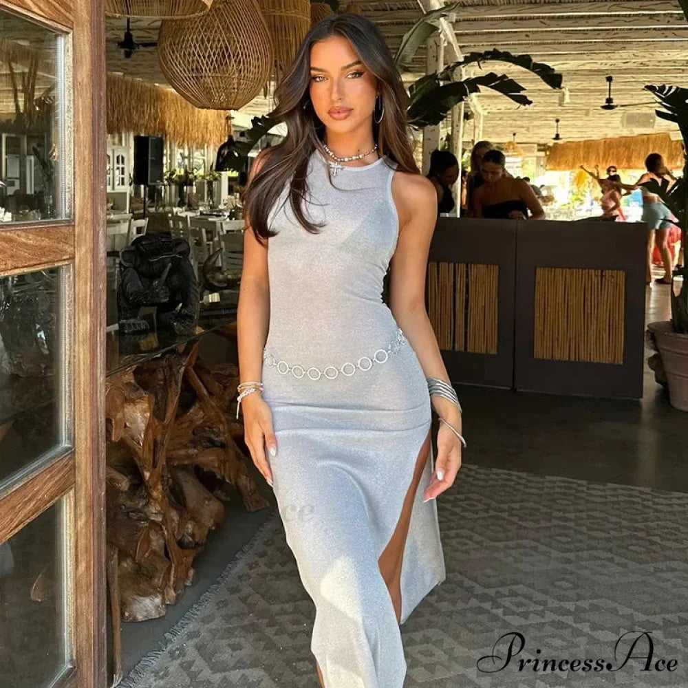 Sleeveless Split Chic Rave Festival See Through Glitter Midi Dress