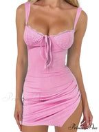 Sleeveless Strap Summer Lace Patchwork Ruched Side Split Mini Dress