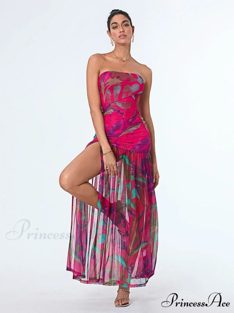 Sleeveless Tall Split Mesh Hem Floral Dress