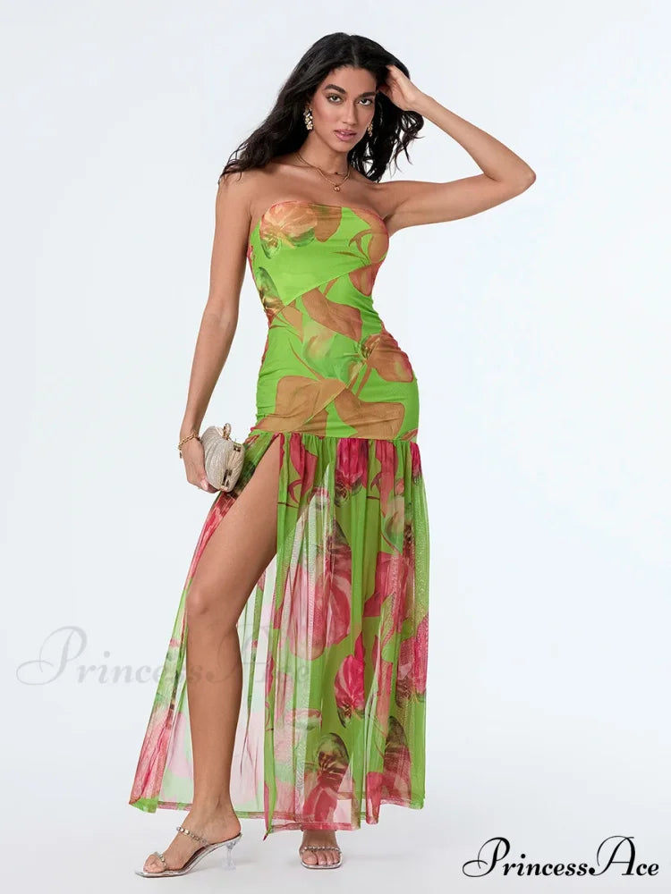 Sleeveless Tall Split Mesh Hem Floral Dress