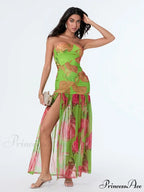 Sleeveless Tall Split Mesh Hem Floral Dress