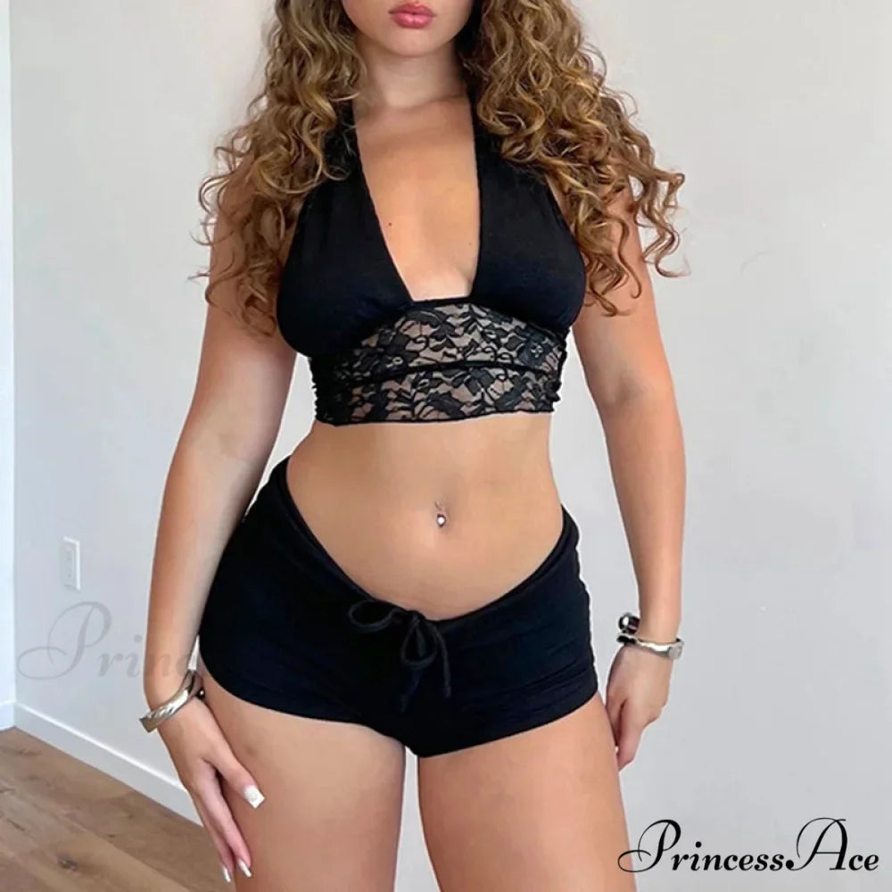 Sleeveless Tie-Up Camis Lace Patchwork Halter Crop Top Mini Shorts Two Pieces Set