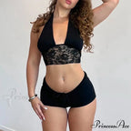 Sleeveless Tie-Up Camis Lace Patchwork Halter Crop Top Mini Shorts Two Pieces Set