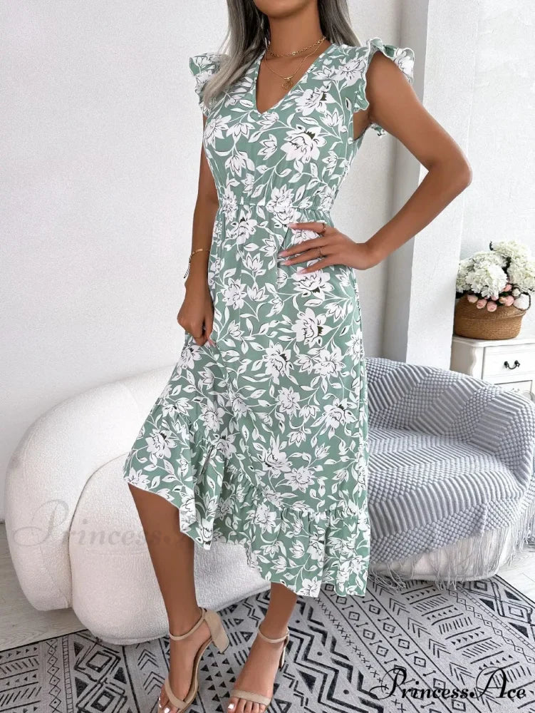 Sleeveless V Neck Summer A Line Midi Dress Boho Dress
