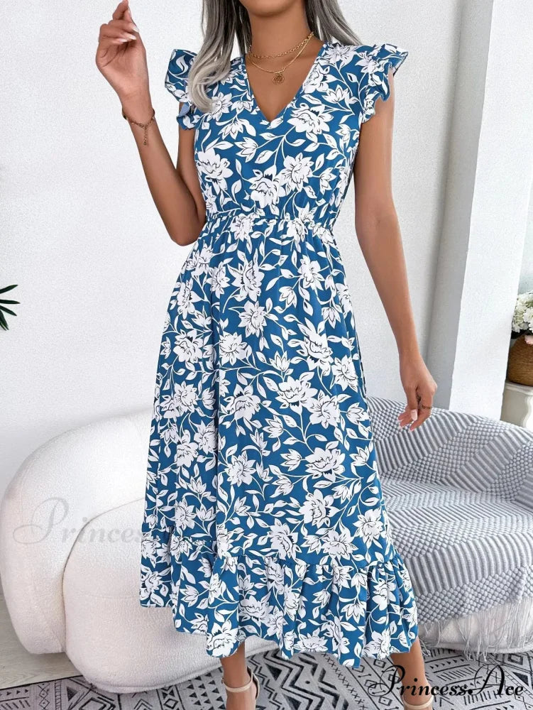 Sleeveless V Neck Summer A Line Midi Dress Boho Dress