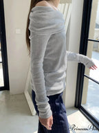 Slender Off-Shoulder Monochrome Slash Neck Extended Sleeve Knit Top