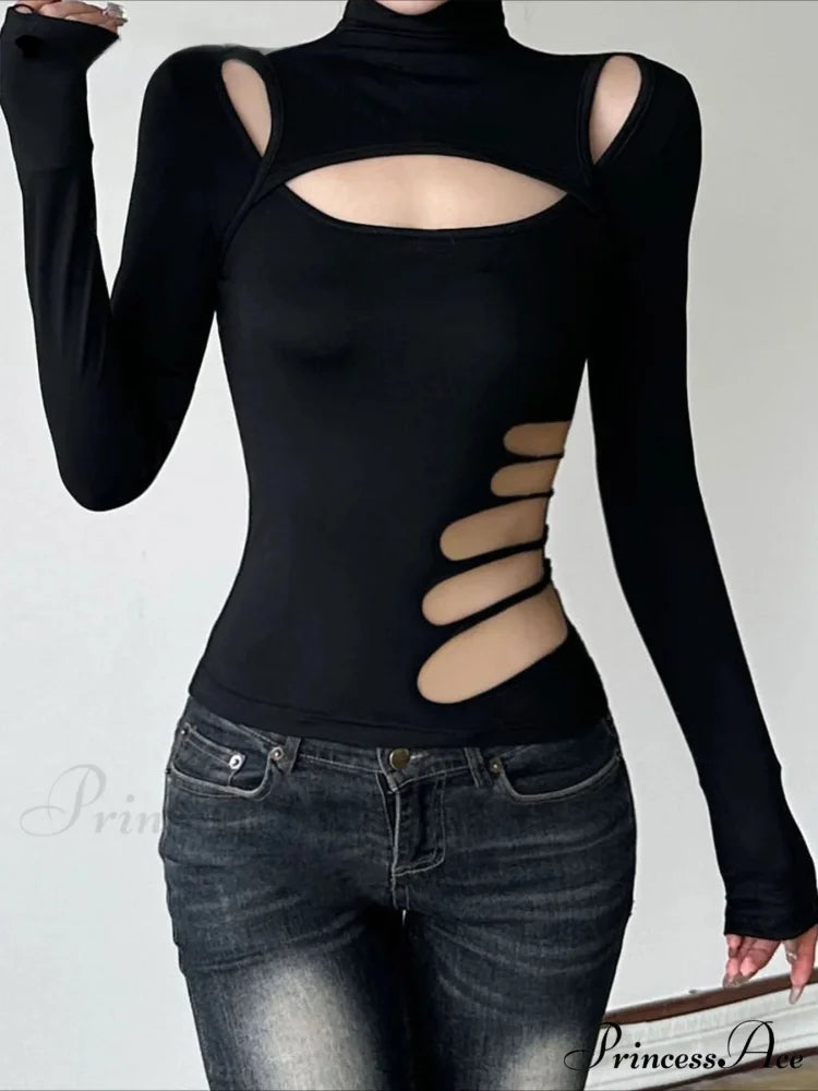 Slender Pierced Turtleneck Uniform Long Sleeve Knit Top