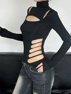 Slender Pierced Turtleneck Uniform Long Sleeve Knit Top