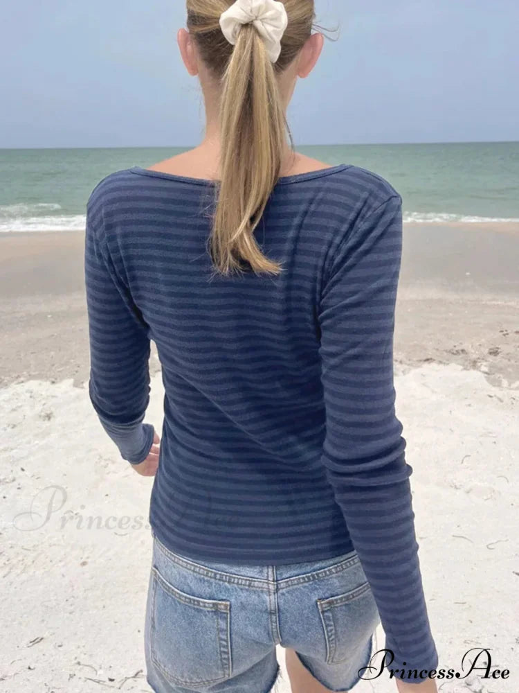 Slender Striped Fundamental O-Neck Extended Sleeve Knit Top