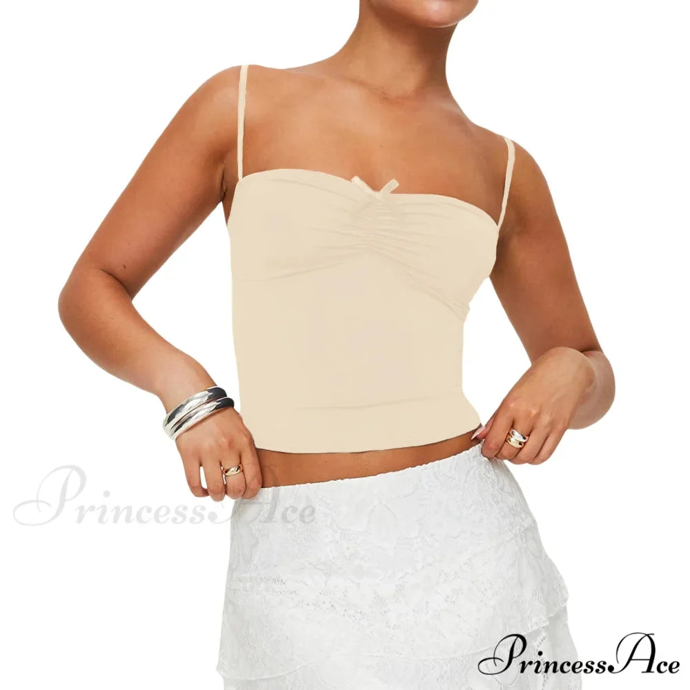 Slim Fit 3D Bow Ruched Sweetheart Neck Backless Spaghetti Strap Stylish Elegant Crop Top