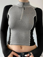 Slim Fit Contrast Color High Neck Long Sleeve T-shirts