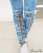 Slim-Fit Lace Up for Women Spring Autumn Fashion Streetwear Trousers Mid Waist Denim Pencil Pants Jean