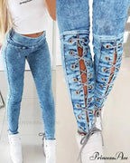 Slim-Fit Lace Up for Women Spring Autumn Fashion Streetwear Trousers Mid Waist Denim Pencil Pants Jean
