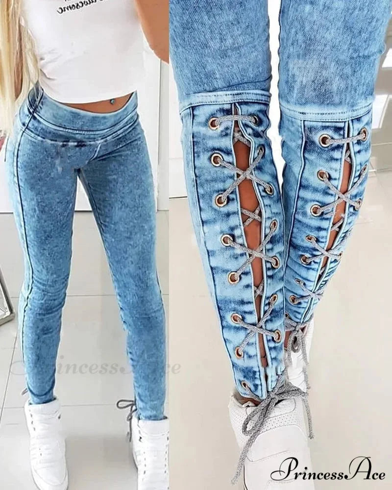 Slim-Fit Lace Up for Women Spring Autumn Fashion Streetwear Trousers Mid Waist Denim Pencil Pants Jean