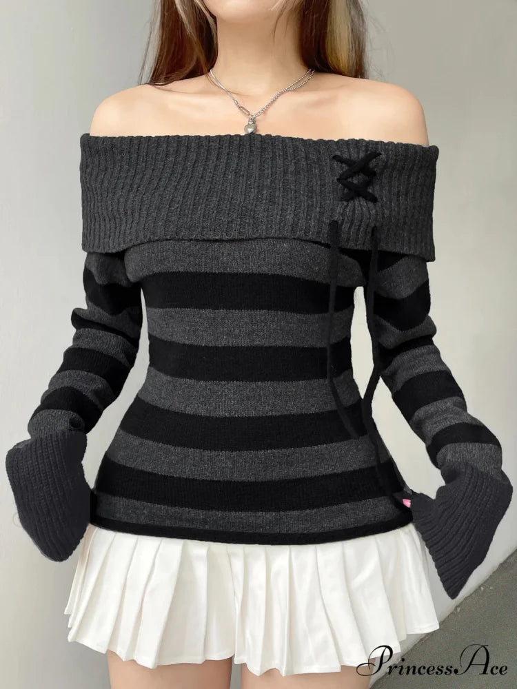Slim Off-The-Shoulder Striped Pullover