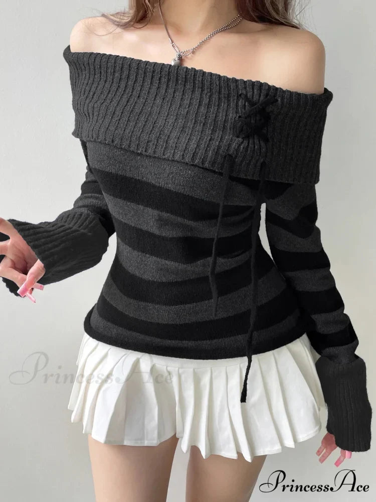 Slim Off-The-Shoulder Striped Pullover