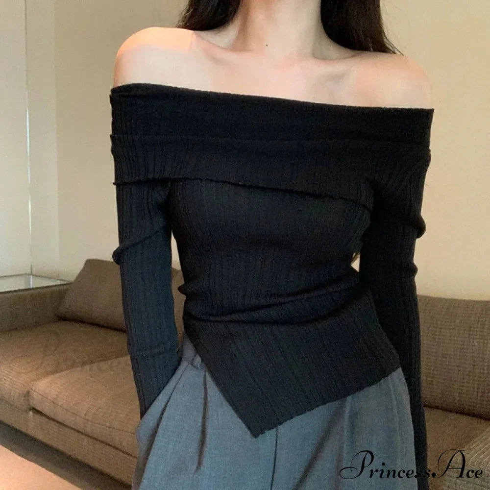 Slim Off-the-Shoulder Wide Neck Extended Sleeve Knit Top
