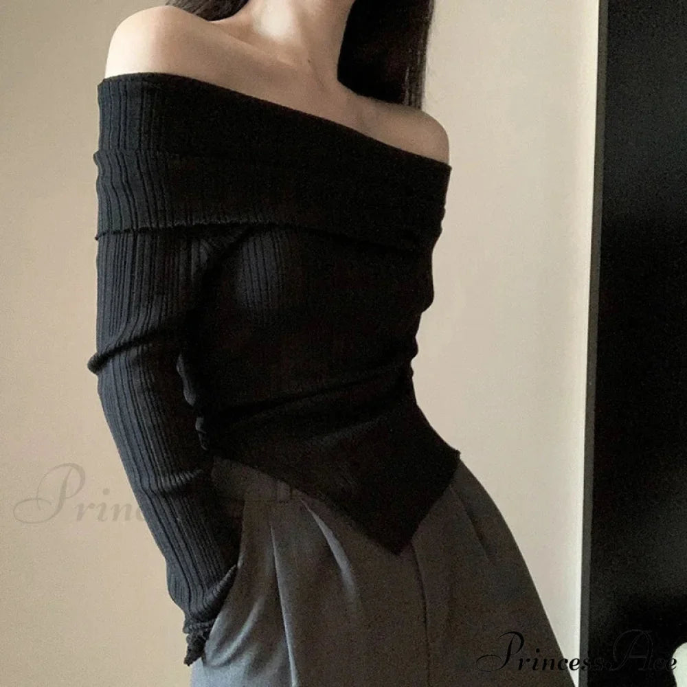 Slim Off-the-Shoulder Wide Neck Extended Sleeve Knit Top