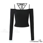 Slim T-Shirt Off-Neck Fit Long Crop Autumn Knitted Two-Tone Arm Top