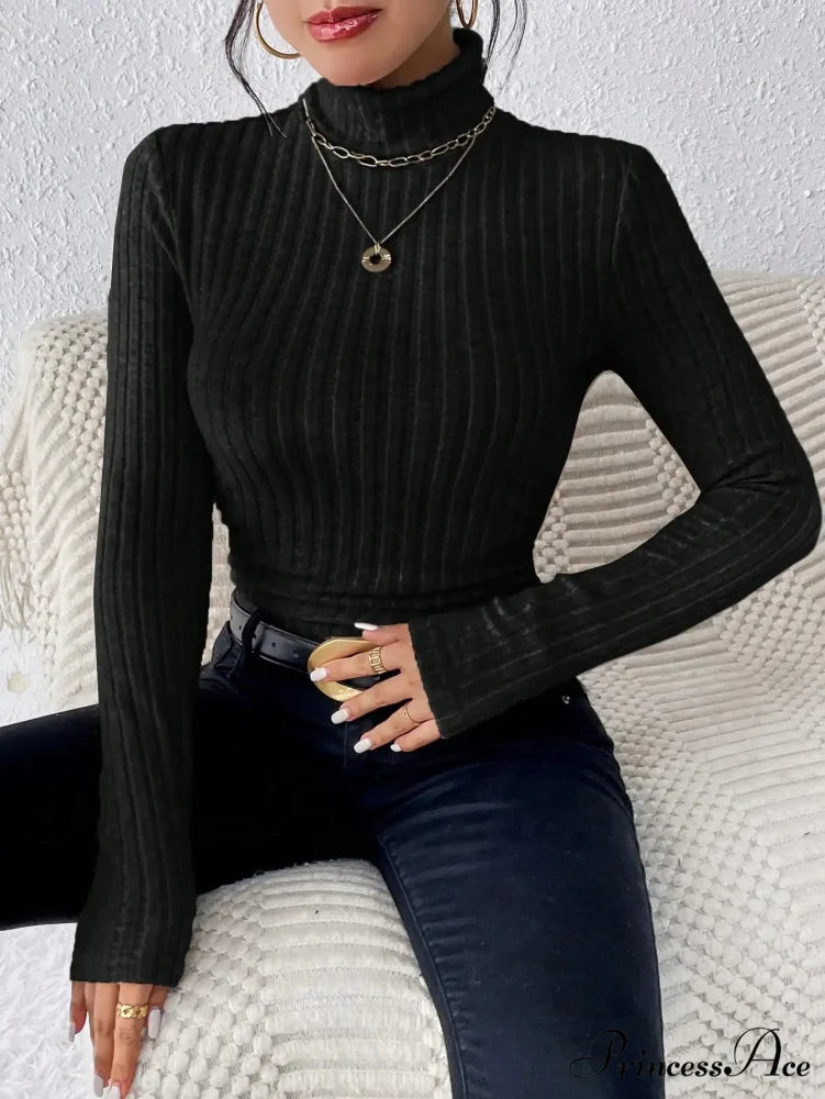 Slim Turtleneck Jumper Fitted Long Sleeve Knit Blouse Women
